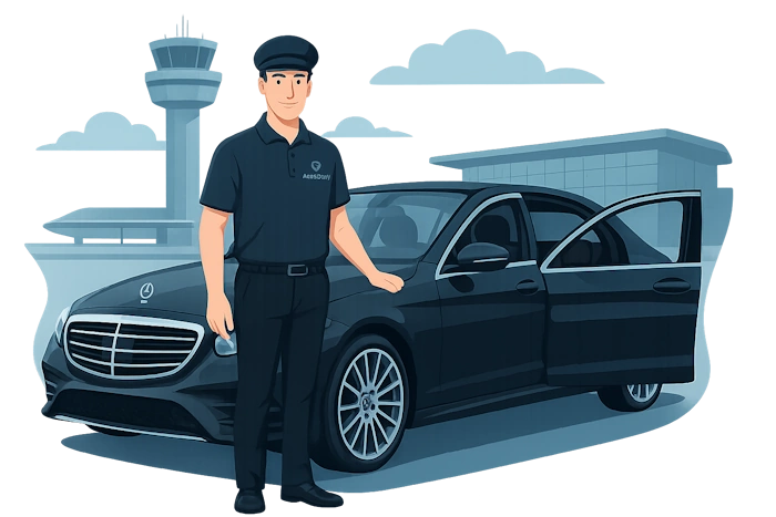 An illustration of a happy airport transfer chauffeur
